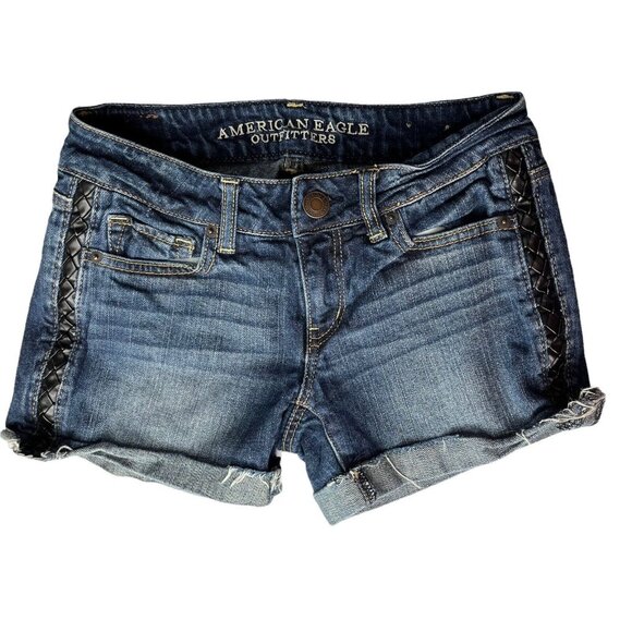 American Eagle Denim Shorts Womens Size 2 Braided Detail Distressed Rolled Cuff - Picture 1 of 10